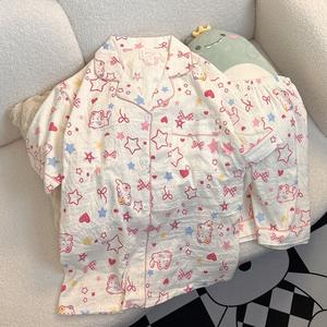 ชุดนอนแมวน่ารัก สำหรับผู้หญิง ทำจากผ้ากอซผ้าฝ้ายเมฆ ชุดกางเกงขาสั้นแขนสั้น เหมาะสำหรับฤดูร้อน 2025 ชุดลำลอง ใส่อยู่บ้าน สำหรับเด็กผู้หญิง