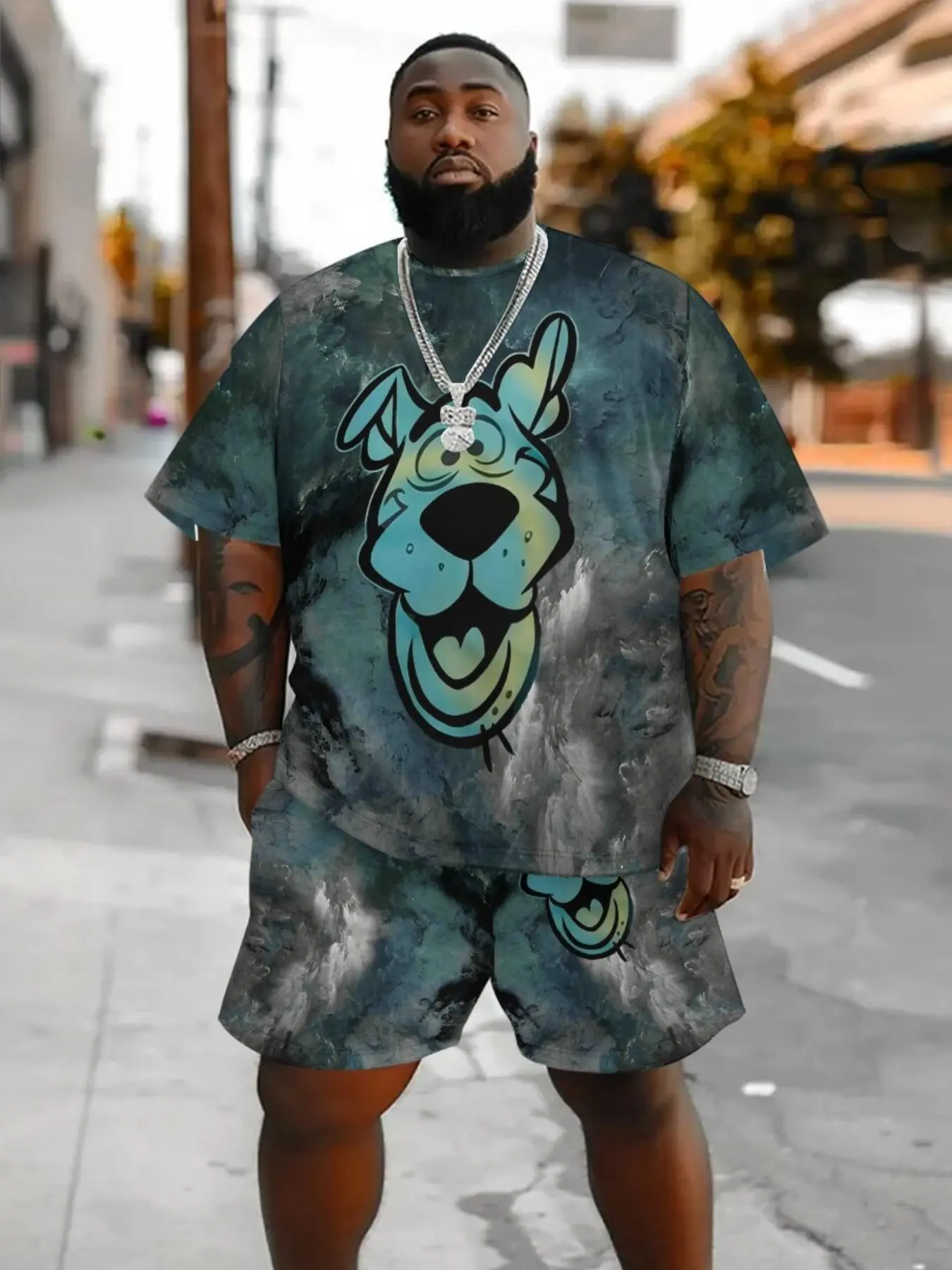 Plus Size Men's Cartoon Dog Print Crew Neck Tee & Drawstring Waist Shorts Set, Regular Fit Casual Fashion Round Neck Short Sleeve T-shirt & Pocket Track Shorts, Men's Two-Piece Outfits for Summer