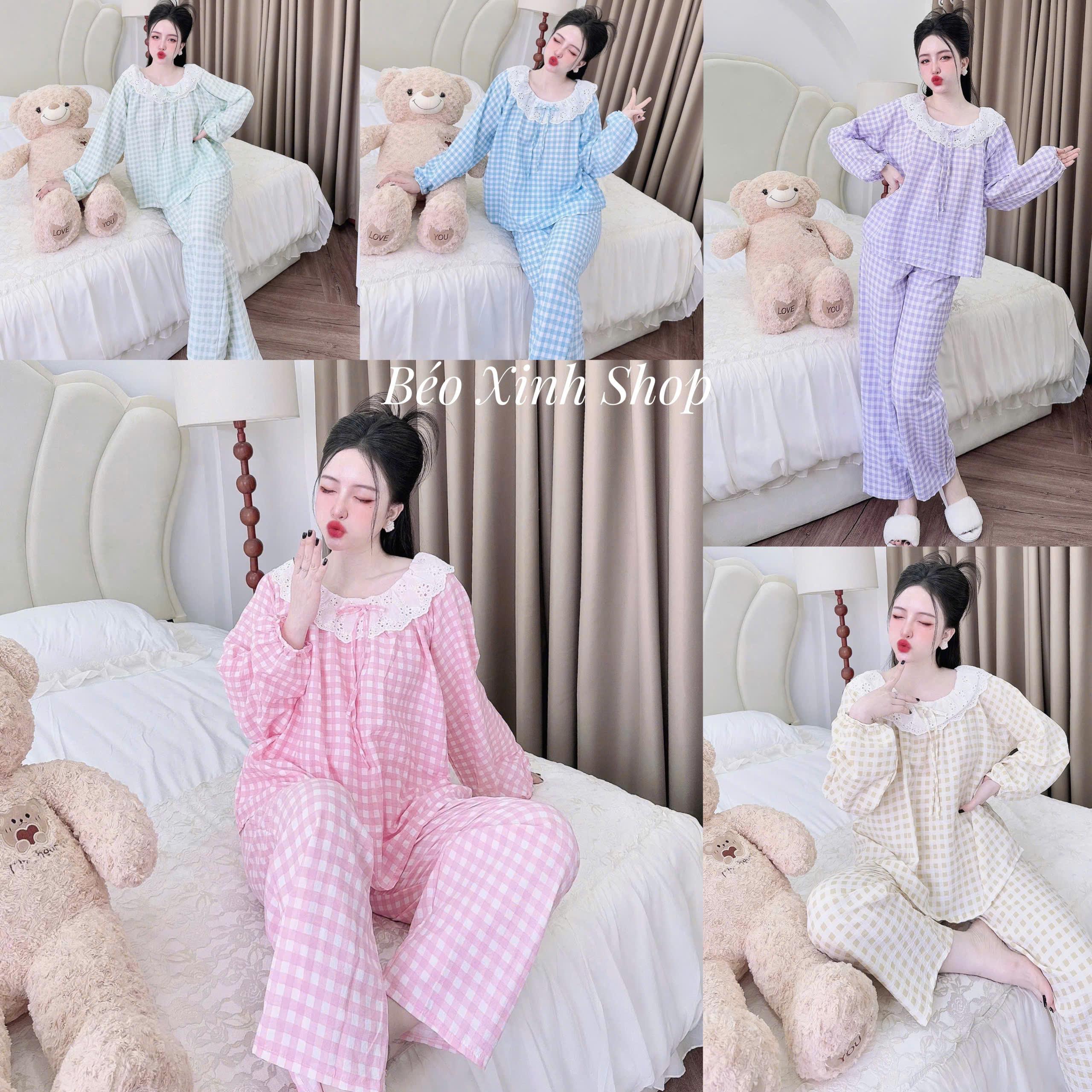 Đồ Bộ - Đồ Ngủ Tay Dài Quần Dài Vải Đũi Xốp Ô Vuông Pijama Bigsize 50-100kg Bộ Ngủ Nữ Áo Ngủ Women Quần Ngủ - A.5632