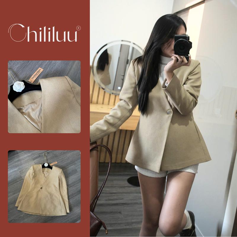  Blazer không cổ Chililuu áo blazer vạt tròn form chiết eo xòe dưới phong cách sang chảnh Hàn Quốc 