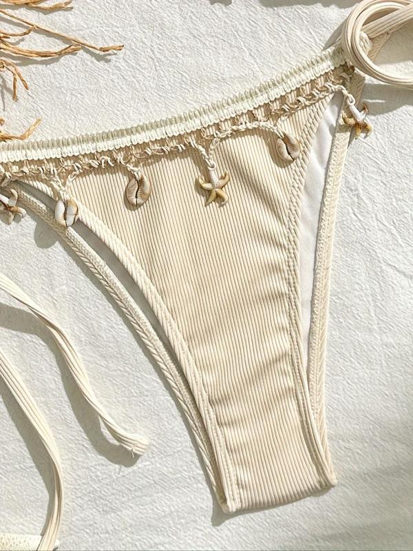Women's Solid Color Starfish & Conch Decor Halter Triangle Bikini Set, High Stretch Casual Fashion Tie Back Backless Swim Top & Tie Side Swim Bottom, Ladies Swimsuit for Beach Holiday Vacation 2
