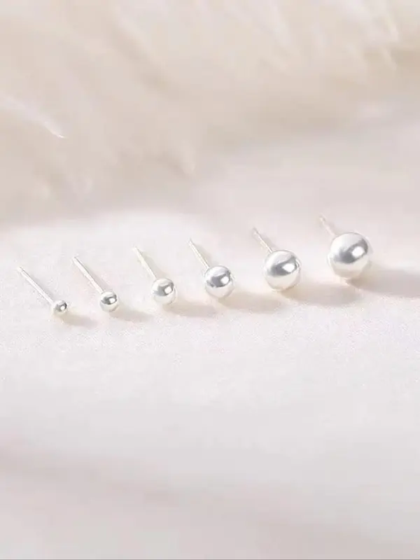S925 Sterling Silver Round Ball Design Stud Earrings, 1/4/6 Pairs Fashionable Mixed Size Stud Earrings for Women & Men, Trendy All-match Jewelry for Birthday Gift 6