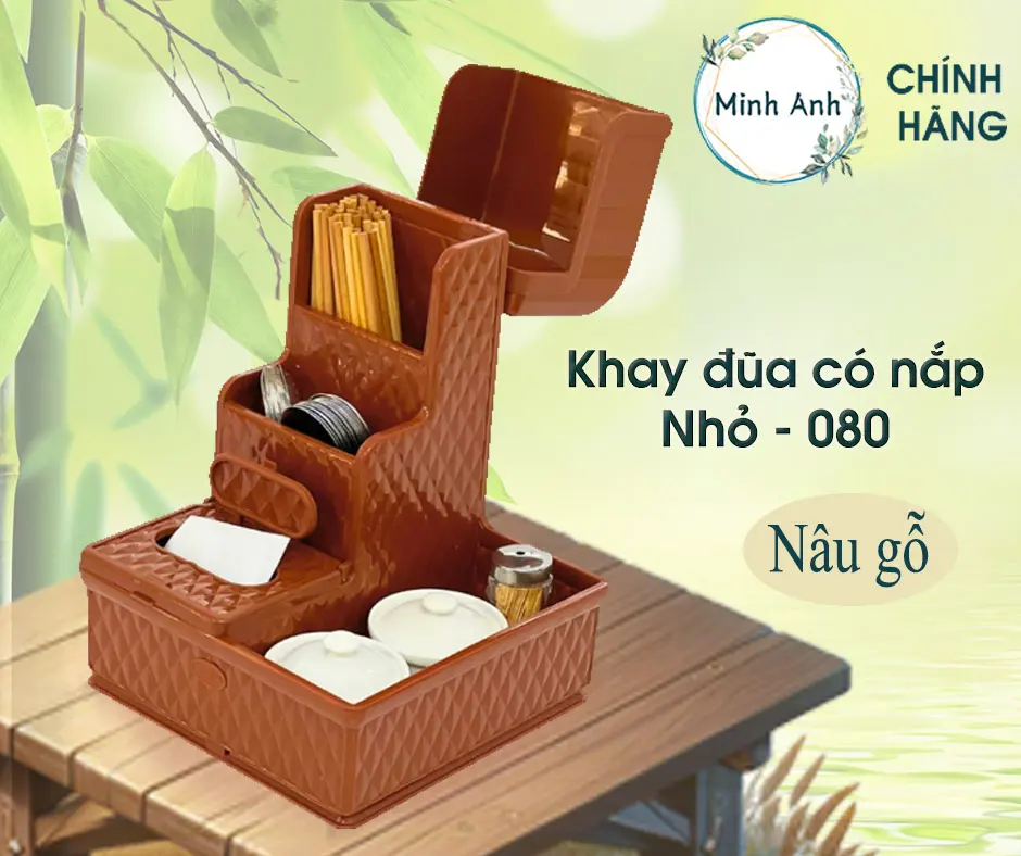 Khay Đựng đũa thìa [ màu : Nâu gỗ ] đẹp quán cơm, nhà hàng, giá rẻ có nắp, hộp giấy Xốp 080 khay dua