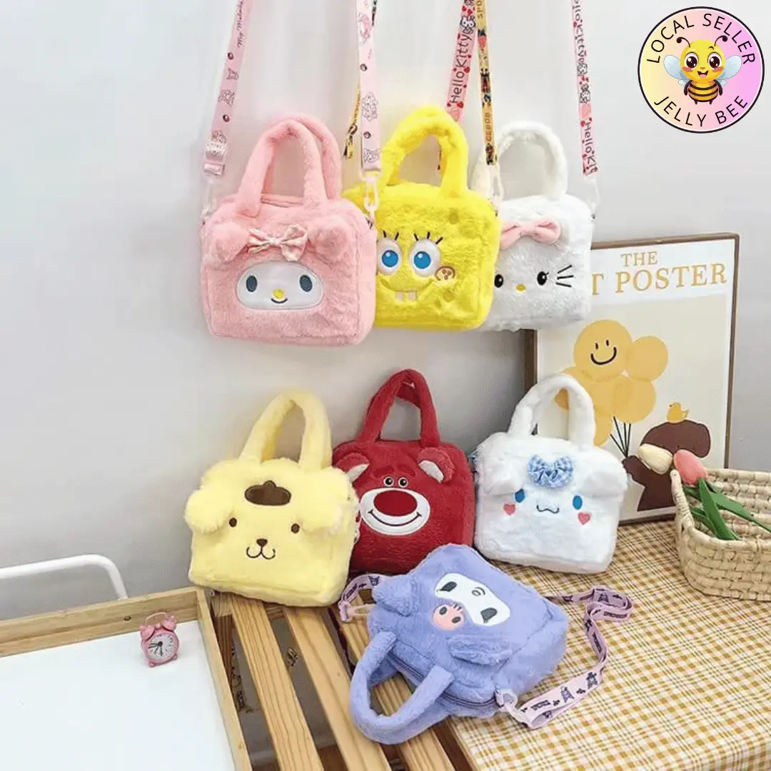 J&B Girls Kids Fluffy Sanrio Kuromi Melody Hello Kitty Cute Plush Crossbody Tote Zip Sling Handbag Women
