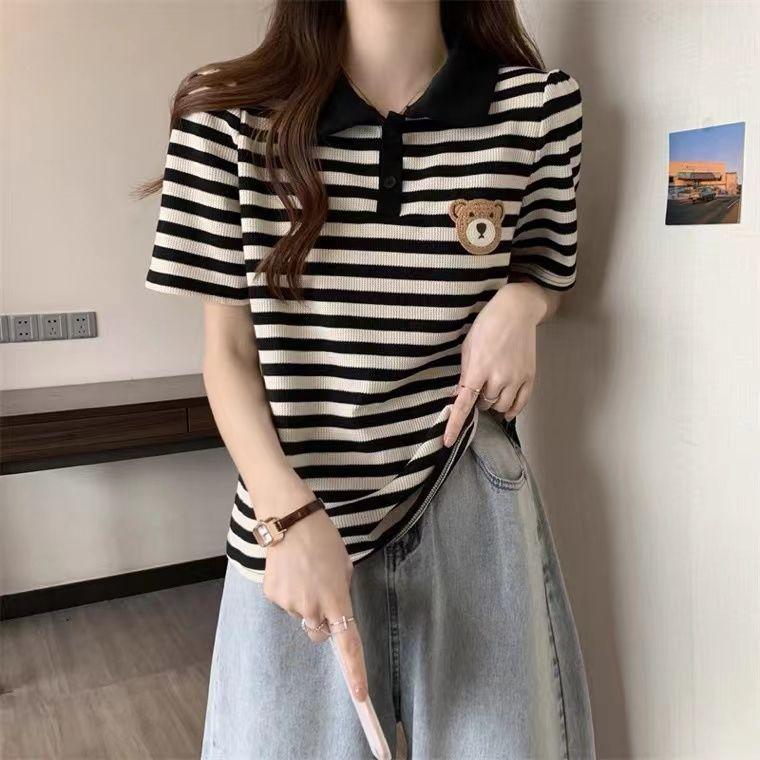 Áo Thun Ngắn Tay Sọc, Dành Cho Nữ, Dáng Rộng Rãi Và Bó Sát, Thích Hợp Cho Bé Gái Đầy Đặn, 150,00kg, Cỡ Lớn Mùa Hè, Thời Trang, Cổ Polo Vai, Áo Trên áo  ngôi  sao  captain áo  thun  kẻ  sọc  ngang  nữ 3