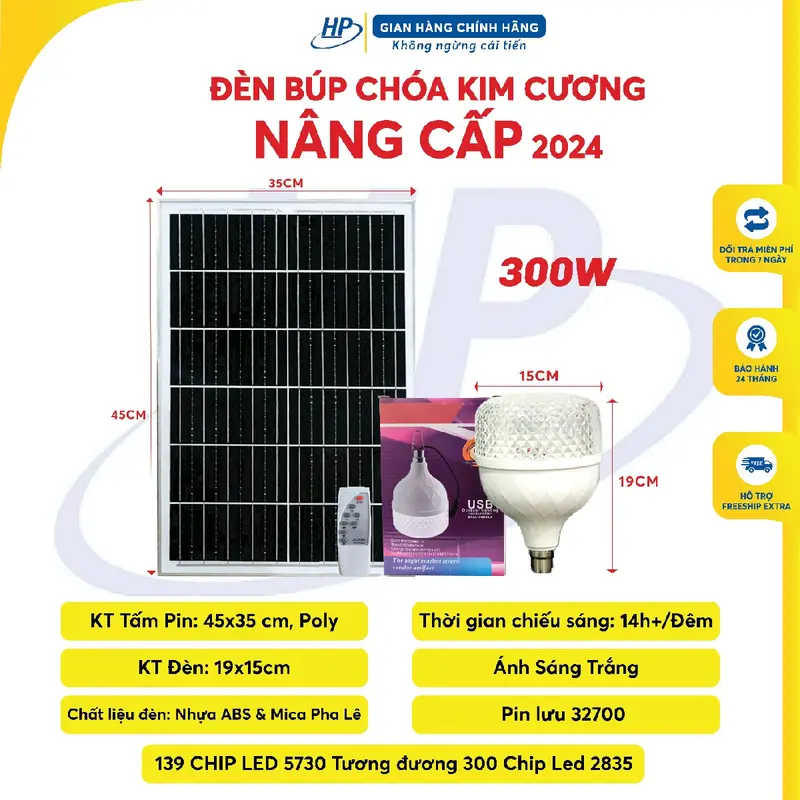 Đèn Búp Năng Lượng Mặt Trời Chóa Kim Cương Sáng Cả Đêm. Chip 5730. Bảo Hành 24 tháng 2
