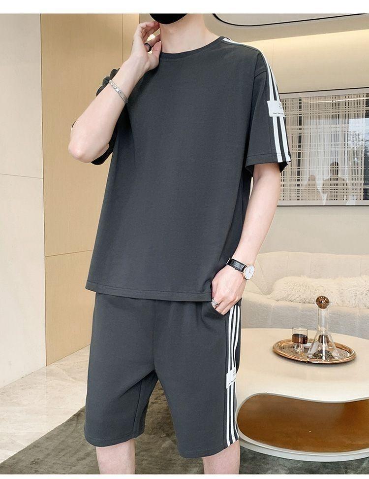 Product Introduction of Summer Men's Fashion Set Trendy Full Set Casual Loose Stylish Shorts Set One Complete Set with Three Stripes Sports 18
