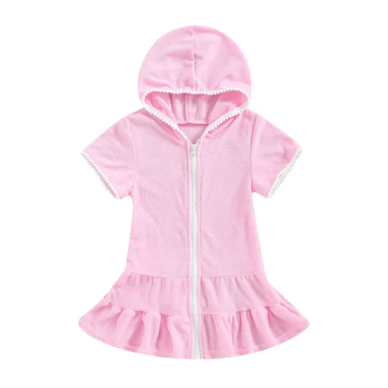 Váy Bơi Cho Bé Gái, 2-10 Tuổi, Bộ Đồ Tắm Terry, Che Mặt, Tay Ngắn, Zip Up, Váy Đi Biển Cho Trẻ Em 1