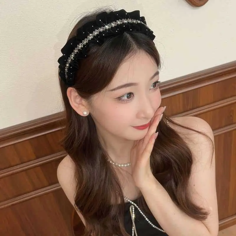 Băng Đô Satin Màu Đen Xếp Nhún Thanh Lịch, Vòng Cài Tóc Rộng Công Chúa, 1 Cái 7