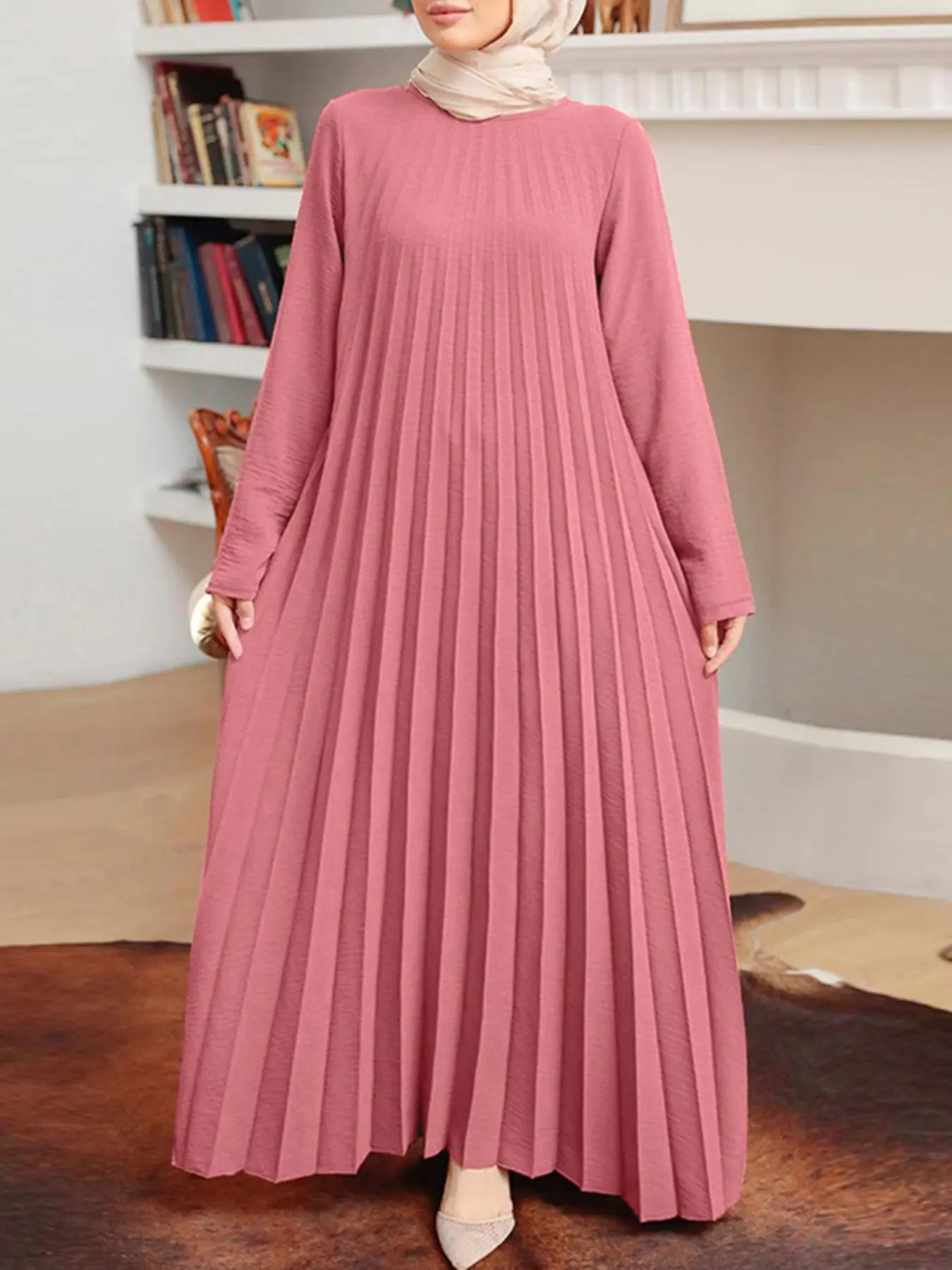 Women's Plain Keyhole Neckline Pleated Tunic Dress, Casual Long Sleeve Maxi Dress for Daily Wear, Ladies Clothes for All Seasons