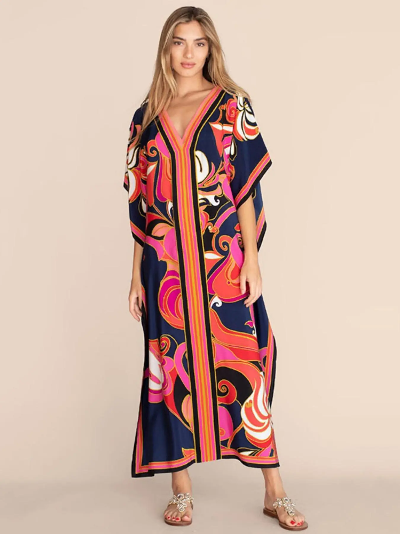 Plus All Over Print Batwing Sleeve V Neck Kaftan Dress, Loose Dresses Summer, Boho Casual Half Sleeve Cover Up Dress for Summer Holiday Vacation, Women's Summer Clothes for Beach Wear