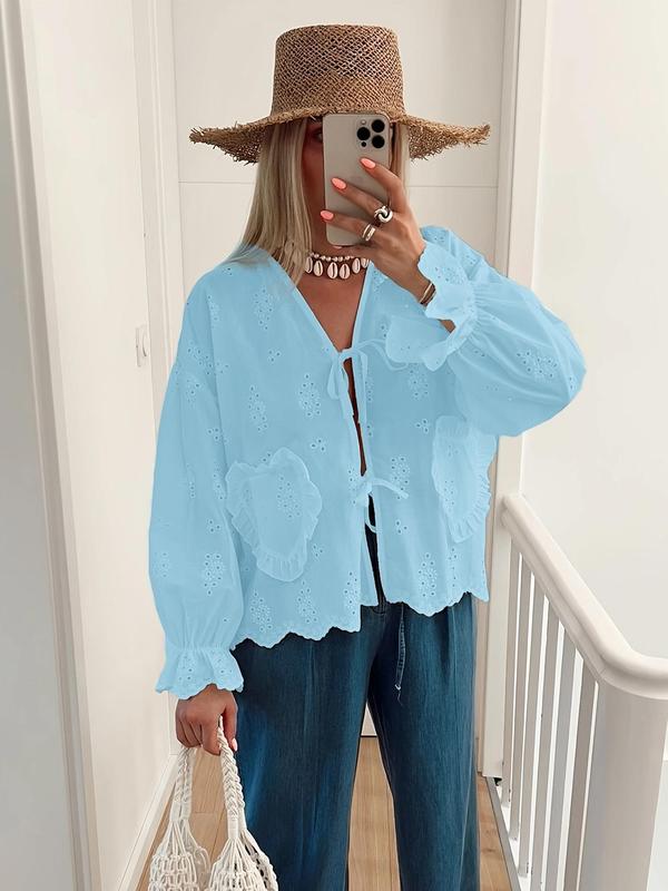 Women's Eyelet Embroidery Shirt, Casual Long Sleeve Top for Summer, Women's Clothing for Daily Wear, Blouse 3