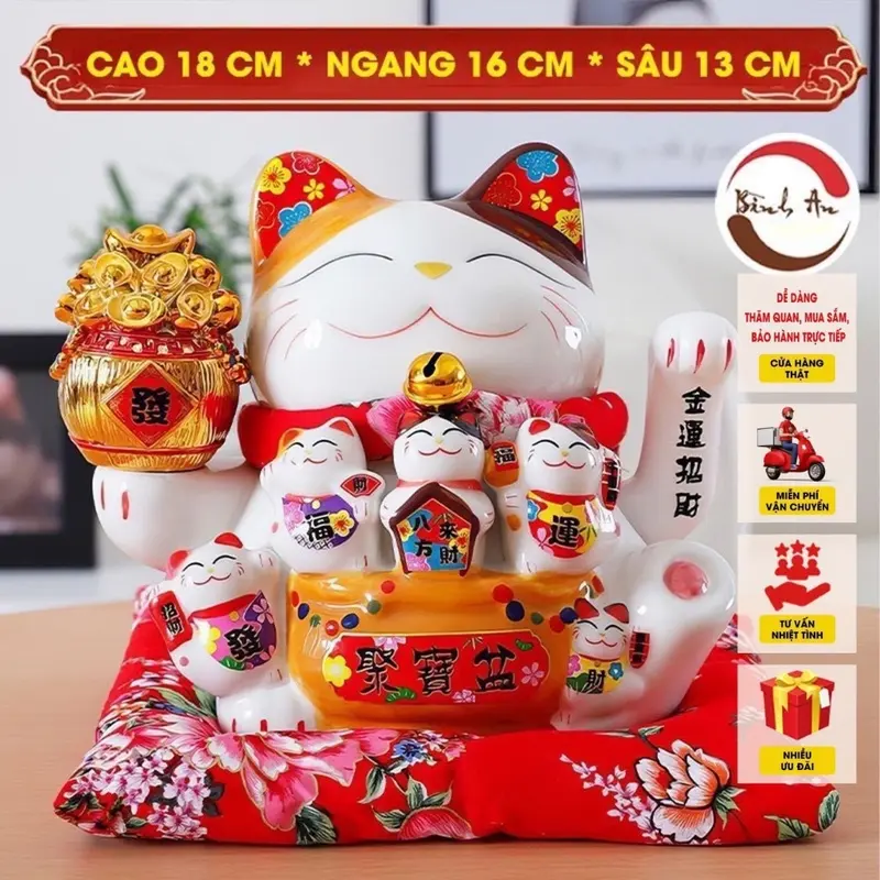 ( Giá Rẻ Nhất ) Mèo Thần Tài Vẫy Tay Gốm Sứ Cao Cấp Size 18 cm - Phong Thuỷ Bình An 0