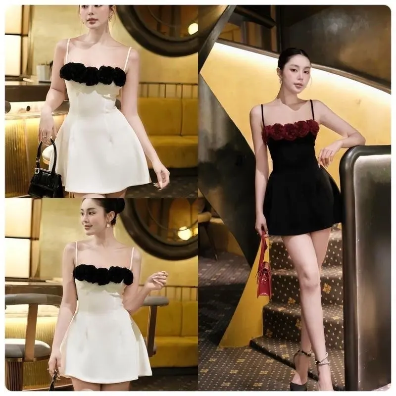 Đầm 2 dây form xoè ngắn đính hoa KÈM QUẦN có mút sẵn Kho Sỉ Hải Chuyền Đ194