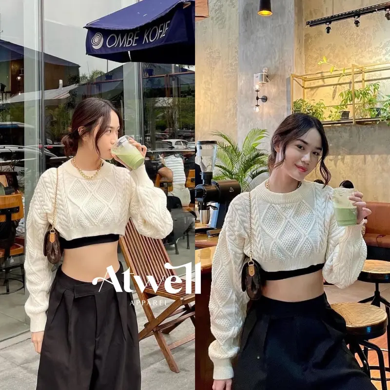 Atwell Apparel - Beatrice Cable Knitwear Crop Sweater - Atasan Wanita Basic - Top Outer Baju Stretch 2