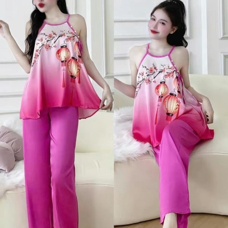 Séc đồ bộ quần dài áo  yếm vải lụa tơ tằm dành cho nữ sang chảnh! nút ngọc trai