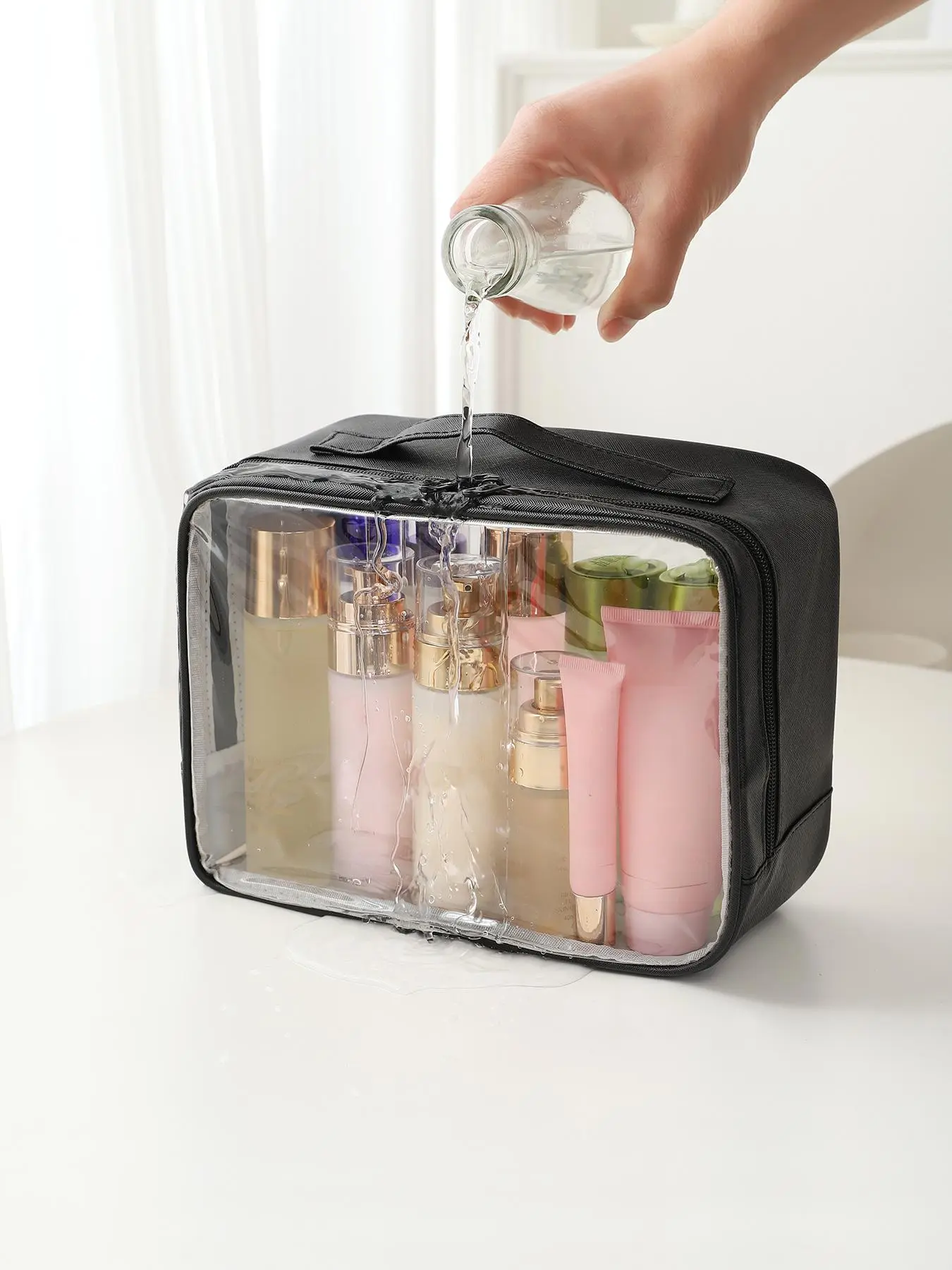Minimalism Transparent Matching Makeup Bag, Portable Large Capacity Toiletry Bag for Women & Girls, Casual Waterproof Travel Cosmetic Bag for Daily Use & Travel, Bedroom Accessories, Gift for Her