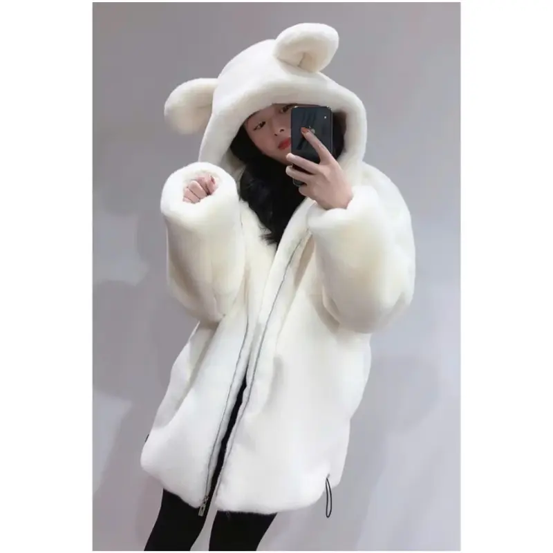 Áo Lông Có Mũ Tai Gấu 2 Lớp Trùm Đầu, Áo Khoác Lông Có Tai Chất Lông Mượt Fom Rộng Thời Trang Nam Nữ 4