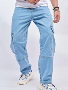 Men's Solid Flap Pocket Cargo Jeans, Loose Casual Street Denim Pants for Daily Wear, Men's Trousers for All Seasons, Cotton