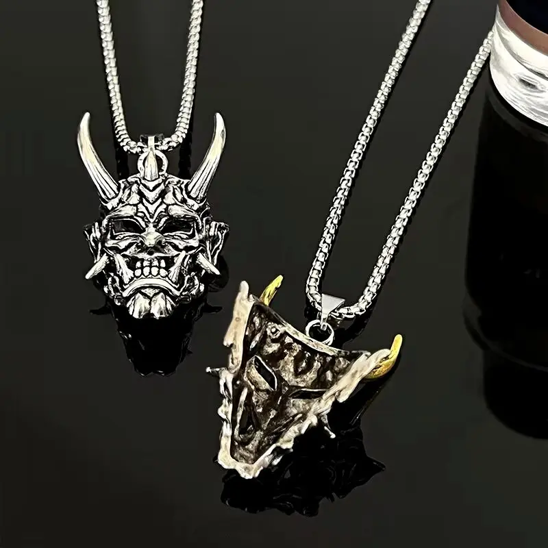 Topeng Prajna Vintage Gelap Kalung Baja Titanium Pria Tanduk Panjang Raja Kalung Stainless Steel 7