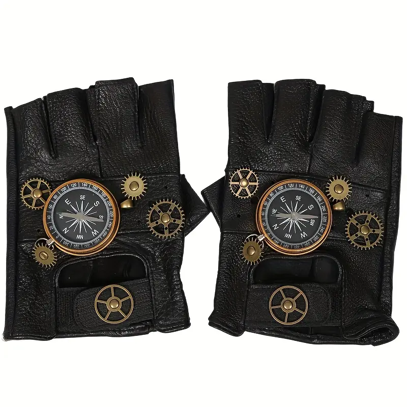 1pair Steampunk-Inspired Fingerless Gloves, Faux Leather With Metal Compass And Gears, Punk Rock Style, Rivet Accents, Halloween Cosplay Accessory 2