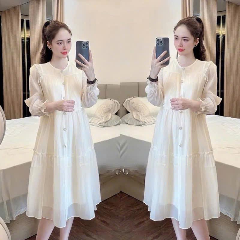 Váy Bầu Thiết kế tơ voan 2 lớp dài tay cúc đính tạo điểm nhấn mặc đi làm đi chơi mặc tiệc cưới mặc chơi tết,quà tặng Nữ đầm voan mềm mịn bigsize