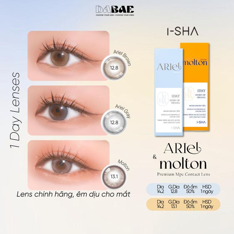  Kính áp tròng 1 ngày DABAE màu nâu tự nhiên DIA 14.2mm có độ 0-8 Ariel Brown Ariel Gray Molton Brown 