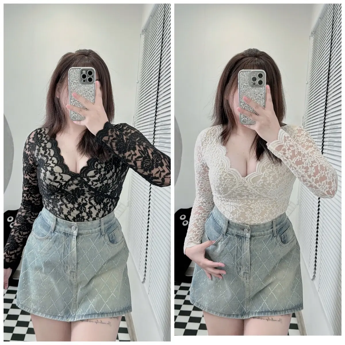 [Bigsize60-90kg] Áo ren tay dài mềm mại Nữ( ren dài) Women
