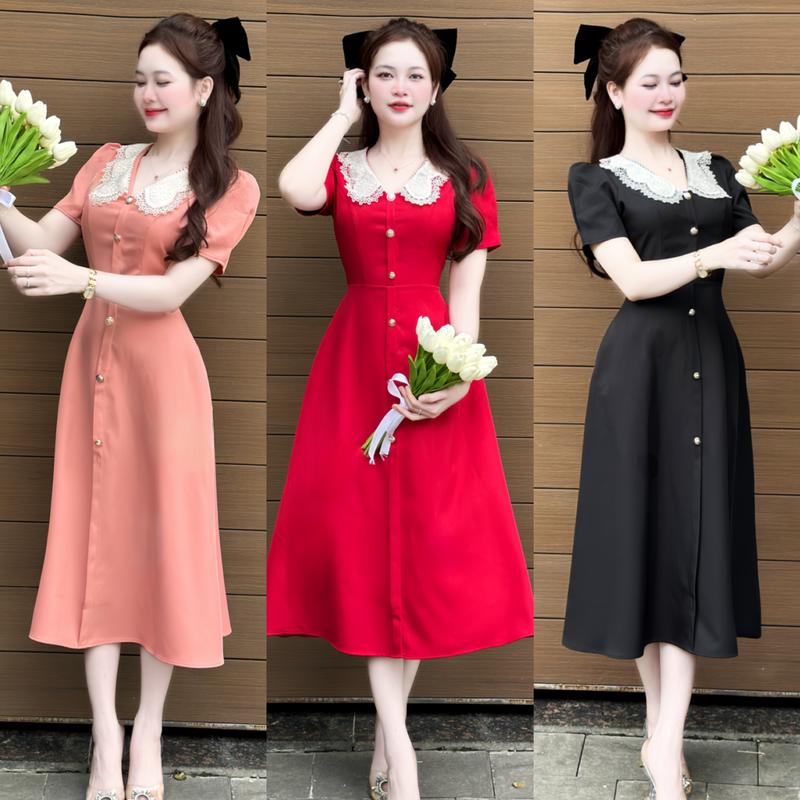 [FREESHIP] B15-Váy xinh nữ CỔ REN thiết kế phong cách tiểu thư, đầm xinh nữ đính nút chất liệu vải TÂY mềm mịn đủ size SMLXL Kem Kem Dress Women Đỏ vaytet