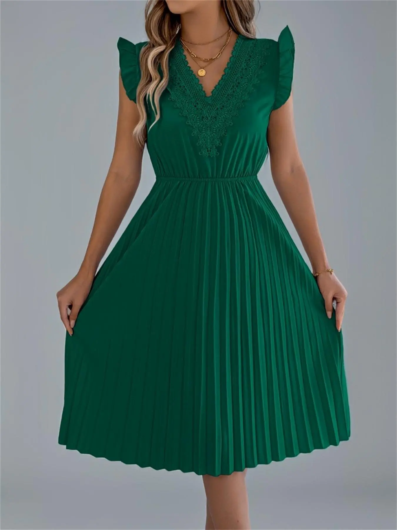 Women's Solid Color Ruffle Trim Dress, Elegant V Neck Sleeveless A Line Dress for Party Holiday Wedding Guest, Ladies Summer Clothes