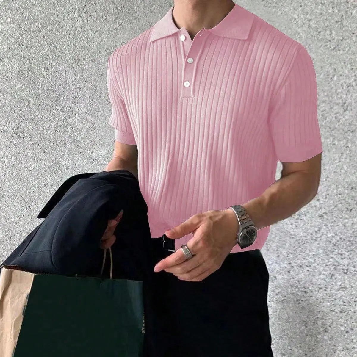 San Paulo Men's Ribbed Knit Premium Polo Pink Shirt for Elegant Style and Lasting Quality