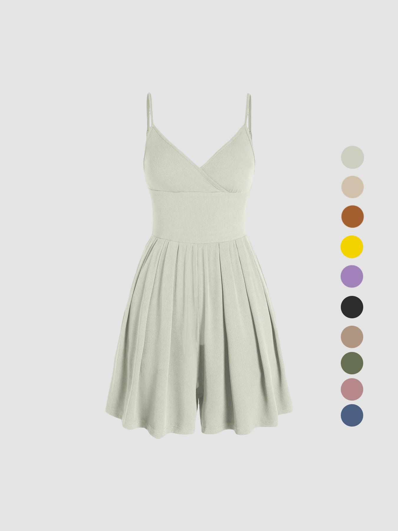 Women's Plain Backless Wrap Fitted Cami Romper, Casual Adjustable Spaghetti Strap Wide Leg Romper, Summer Outfits 2024, Ladies Clothes for Daily Wear