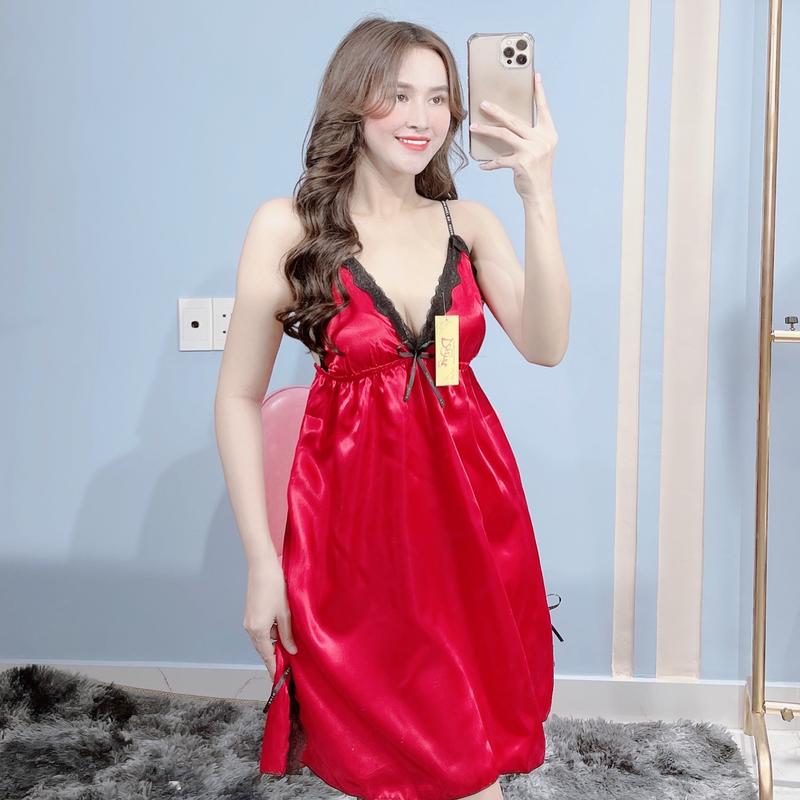 Váy ngủ 2 dây sexy chất lụa phi mềm mịn quyến rủ, phối ren xẻ tà hai bên có nơ D1 4
