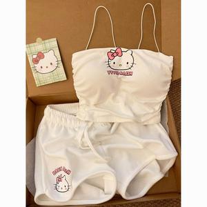 ชุดนอนสตรี ชุดฤดูร้อน ใส่สบาย น่ารัก มีแผ่นรองหน้าอก เหมาะสำหรับ OOTD สไตล์หวาน เสื้อชั้นในและกางเกงขาสั้น ชุดอยู่บ้าน