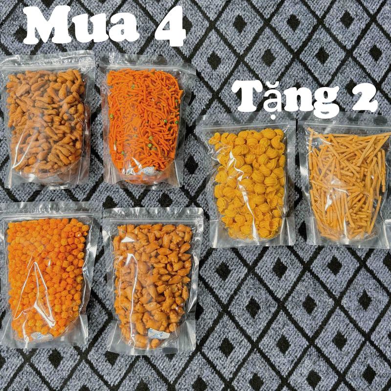 Combo mua 4 tặng 2 Combo 4 món ăn vặt snack đùi gà rong biển snack cua hành snack tăm đậu snack nui chiên cay tặng kèm 1 túi snack ốc vừng 1 túi snack que khoai tây ngó sen A Long Foods bimbim