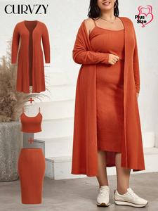 CURVZY Plus Size Solid Ribbed Open Front Long Sleeve Outwear & Cami Crop Top & Midi Skirt Three-piece Set, Casual Fashion Cozy Three Piece Outfits for Daily Outdoor Wear, Women Clothing for Fall & Winter
