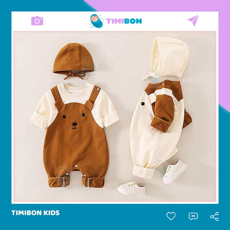 [ Kèm Mũ ] Quần Áo Trẻ Em Sơ Sinh Bộ Đồ Liền Thân Dài Tay Bodysuit Hình Gấu Nâu Cho Bé [BDD39]