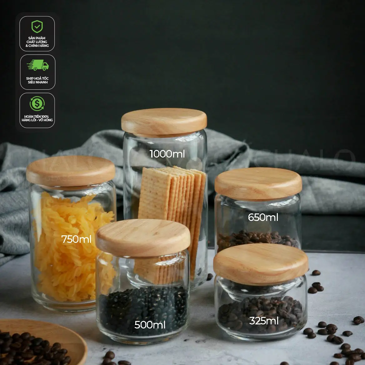 Lọ thủy tinh nắp gỗ & thuỷ tinh Ocean Pop Jar đủ cỡ 325-500-650-750-1000ml [Made in Thailand]