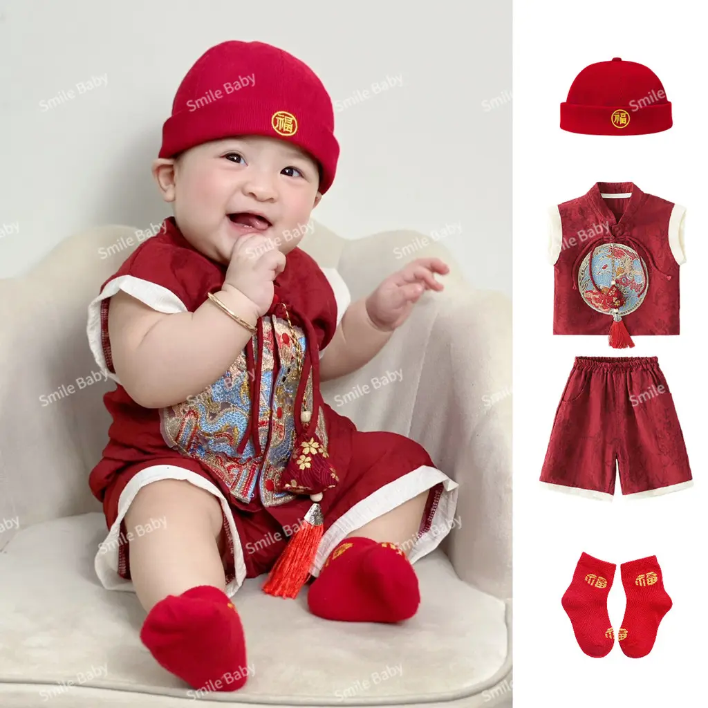 New Baby Clothes Boys Girls New Chinese Set Includes Sachets 5-48 Months Baby Thin Embroidered Dragon 2-piece Set Chinese Style Spring Festival Clothes