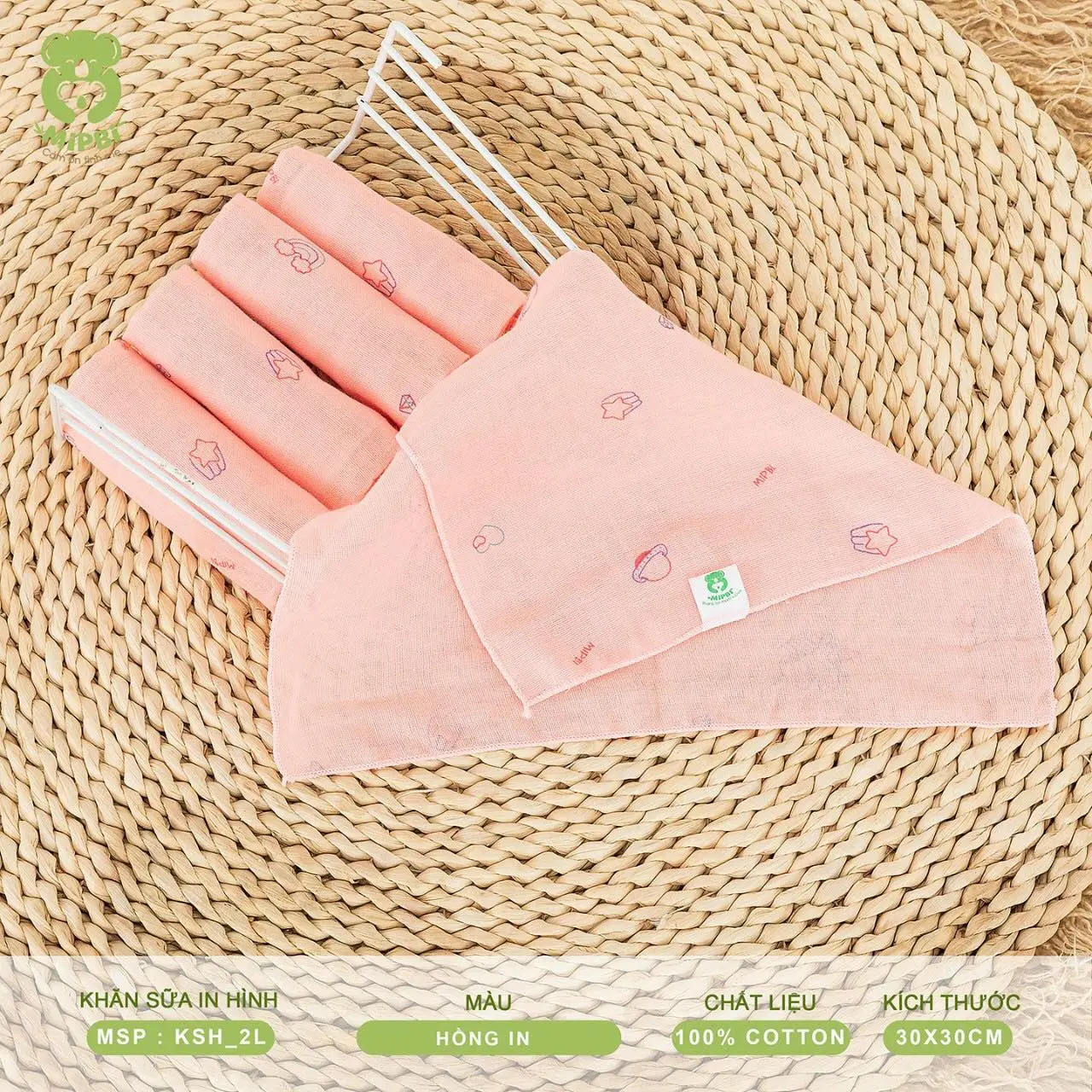 Túi 5 khăn sữa in hình 2 lớp 30 x 30 cm Mipbi không xù KSH 2L