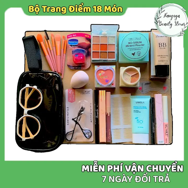 Combo make-up 18 món (X7) trang điểm mặt: phấn mắt, phấn má, kem nền, kẻ mắt, kẻ mày, bộ cọ, kẹp mi, phấn phủ, Son, kem chống nắng... bộ đầy đủ như ảnh