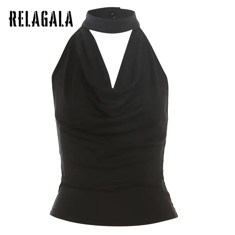 RelaGala Women's Casual Simple Solid Color Street Fashion Halter Neck Tank Top