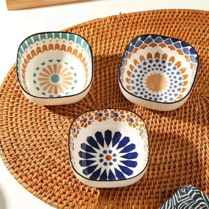 Ceramic Dipping Bowl Set, 3/6 Counts Creative Boho Style Sauce Bowl with Wooden Tray, Kitchen Tableware for Home Dining Room Picnic 5