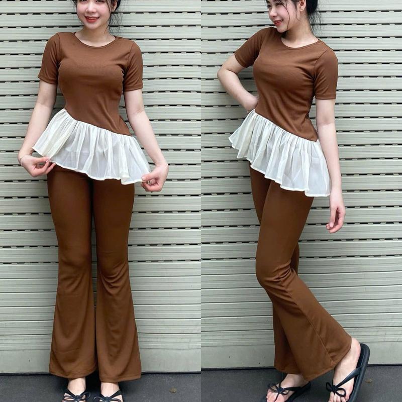 Set bộ quần loe bigsize đồ bộ nữ đồ mặc nhà dễ thương form ôm đồ bộ áo tay ngắn đẹp xinh MS5009 Top Women  Voi 3