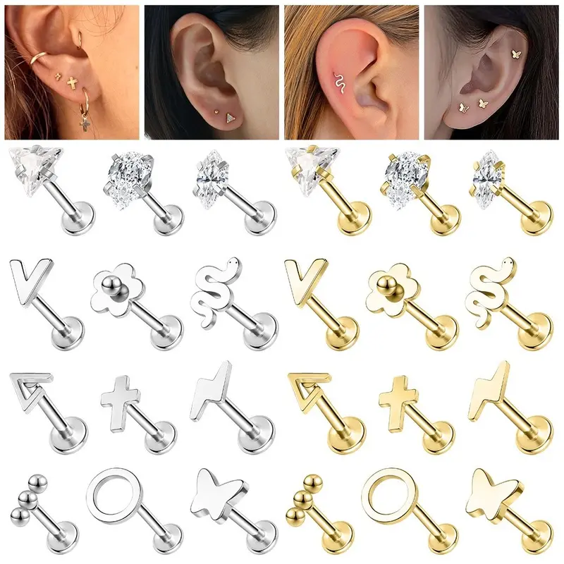 1Pc Stainless Steel Lip Piercings Love Shape Labret Piercings Geometric Crystal Stud Earrings Internal Spiral Labret Piercings 0