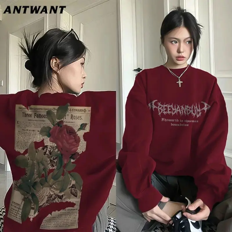 Áo Len Cổ Tròn, Màu Đỏ Rượu Vang Cao Cấp, Ngoại Cỡ, Áo Sơ Mi Hàng Đầu Cá Tính, Dành Cho Nữ, Phong Cách Mới Mùa Xuân Và Mùa Thu, Cổ Điển Mỹ, Màu Đỏ Rượu Vang Women Top Hoodie 0