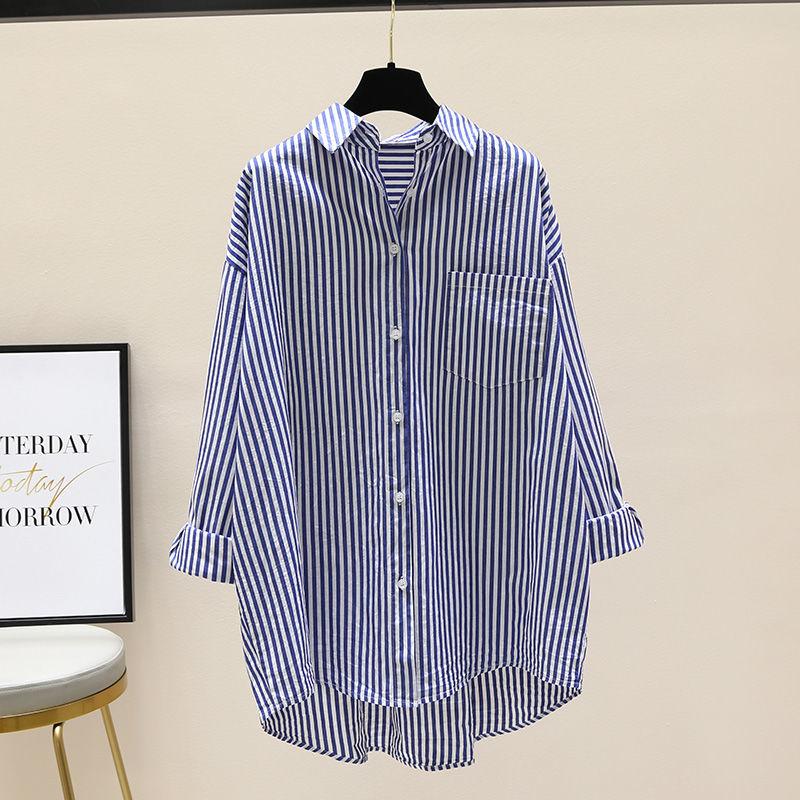 Product Introduction of Striped printed long-sleeve shirt women 2025 autumn new Korean version of loose simple mid-length cardigan shirt high-grade Top Womenswear 2