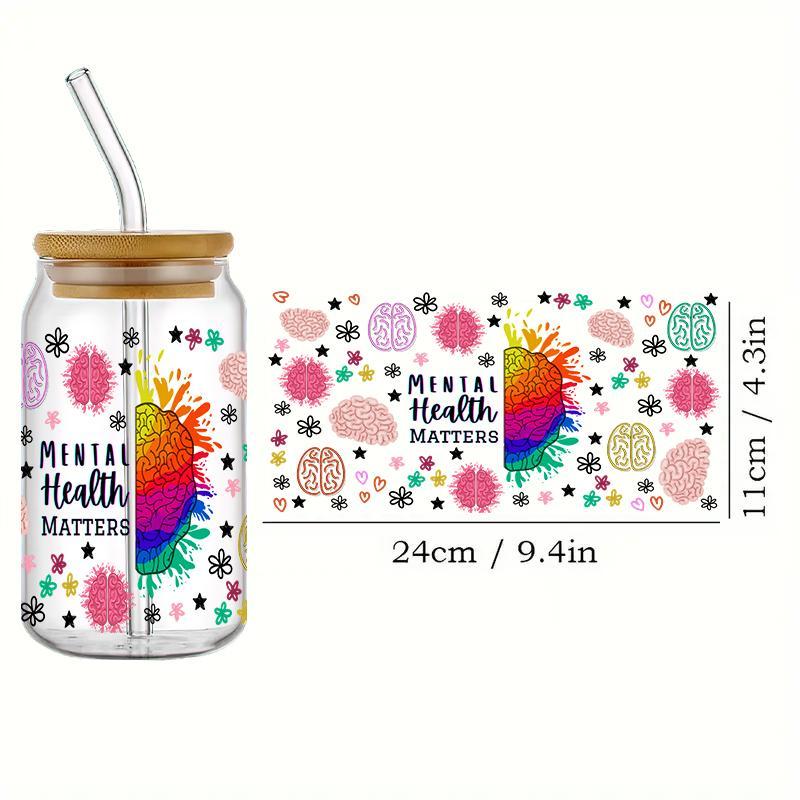 Mental Health Design Cup Wrap Transfer Sticker, 4 Counts/set Drinking Wraps Sticker For 16 OZ Libby Glass, Decor Sticker For Coffee Milky Cup Glass Bottle 3