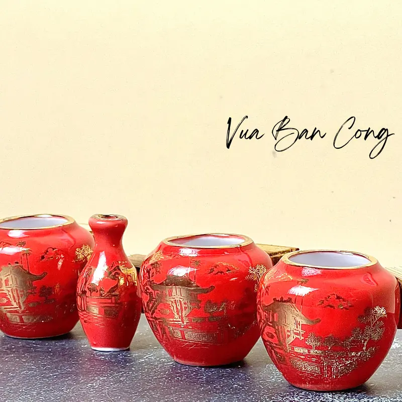 Cóng sứ chim khuyên đỏ dát vàng - Bát Tràng - viền kim, men trắng (Cóng chim decal) 2