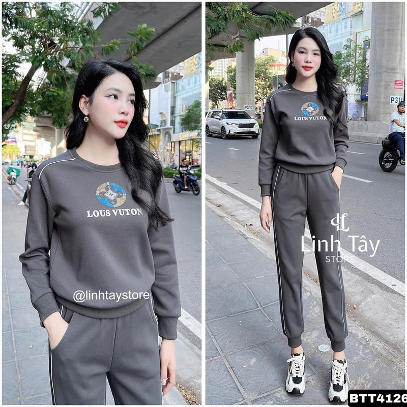  Set Bộ Coton Nỉ Thu Đông Cao Cấp Nhà Linh Tây - Nữ - Top Áo Nữ - Women Voi Cotton set  vest set  dothudong Quần Xám 